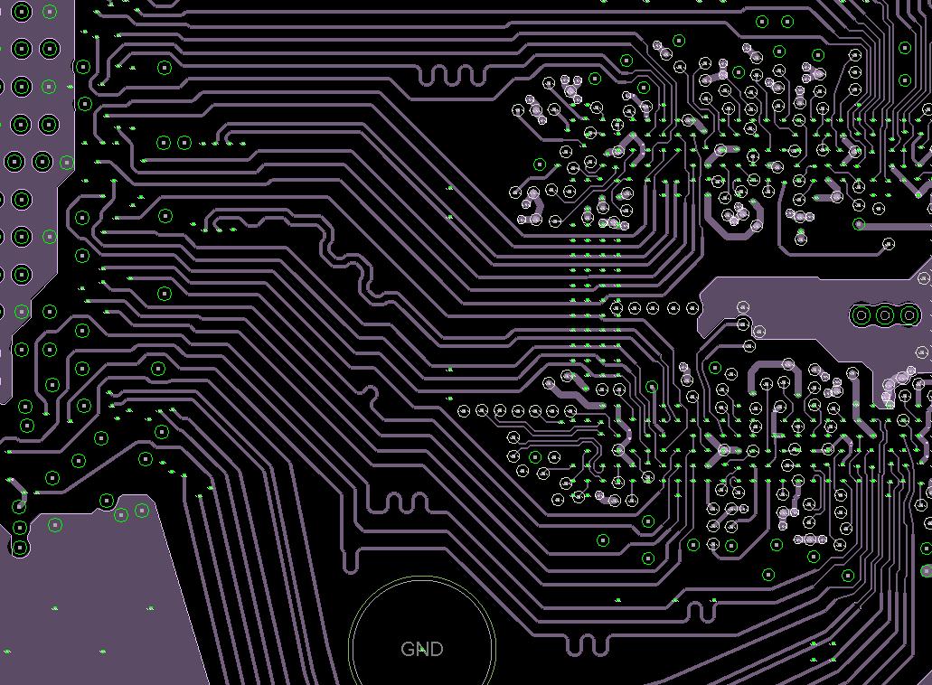 Routing screenshot showing dense traces, BGA breakout regions and local routing adjustments